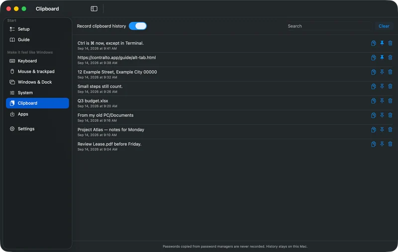The Clipboard screen in dark mode