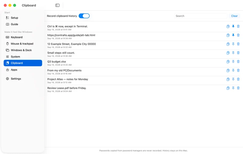 The Clipboard screen in light mode