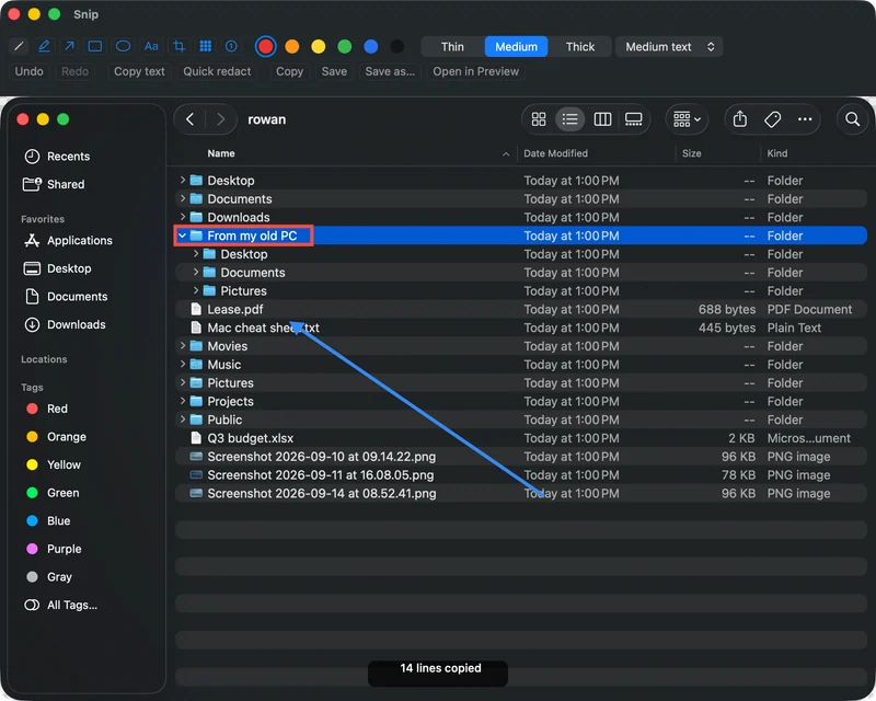 The Snips editor over a Finder capture in dark mode