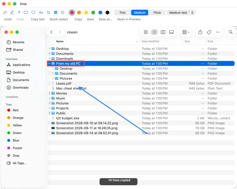 The Snips editor over a Finder capture in light mode, with a rectangle, an arrow and the Copy text toast