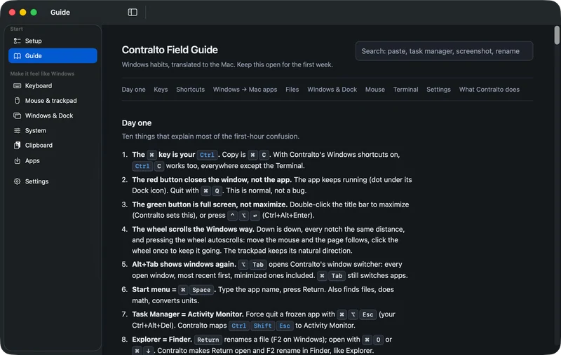 The Guide screen in dark mode