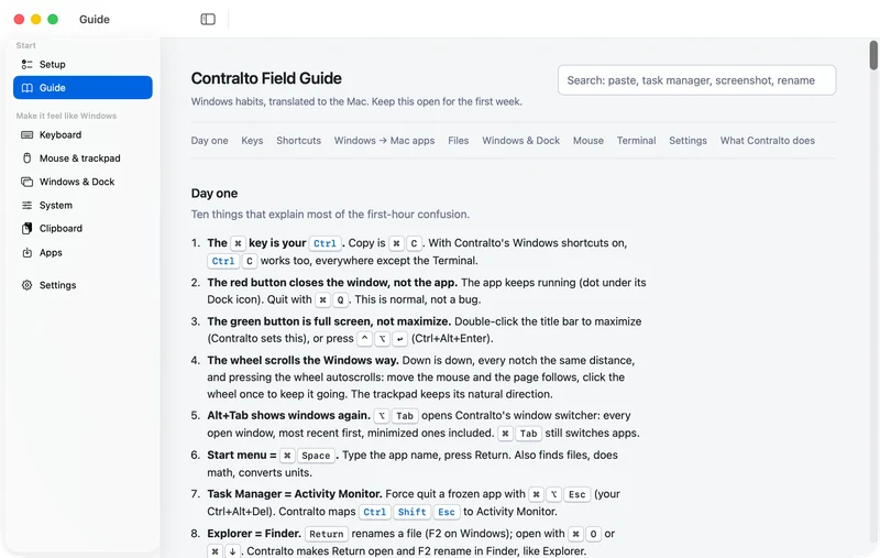 The Guide screen in light mode
