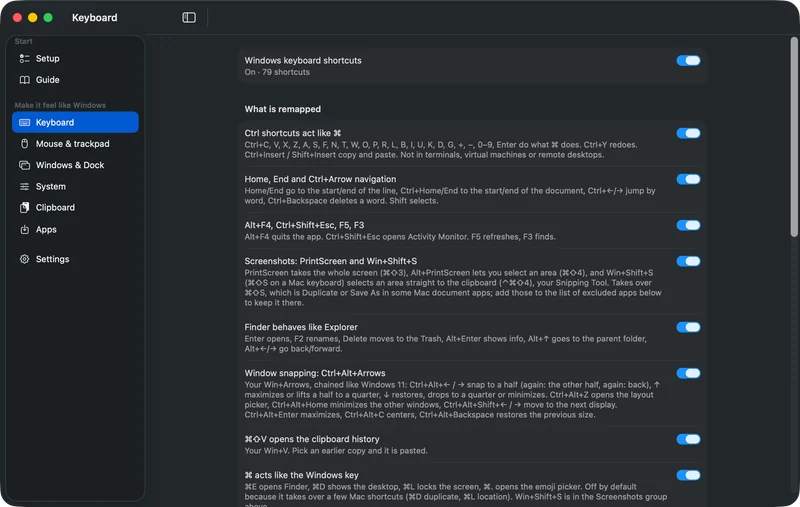 The Keyboard screen in dark mode