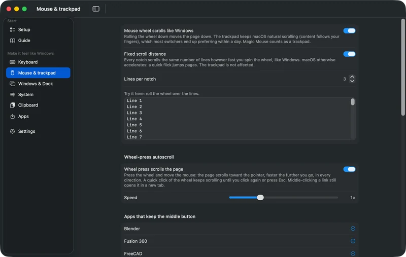 The Mouse screen in dark mode