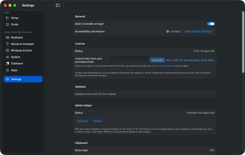 The Settings screen in dark mode