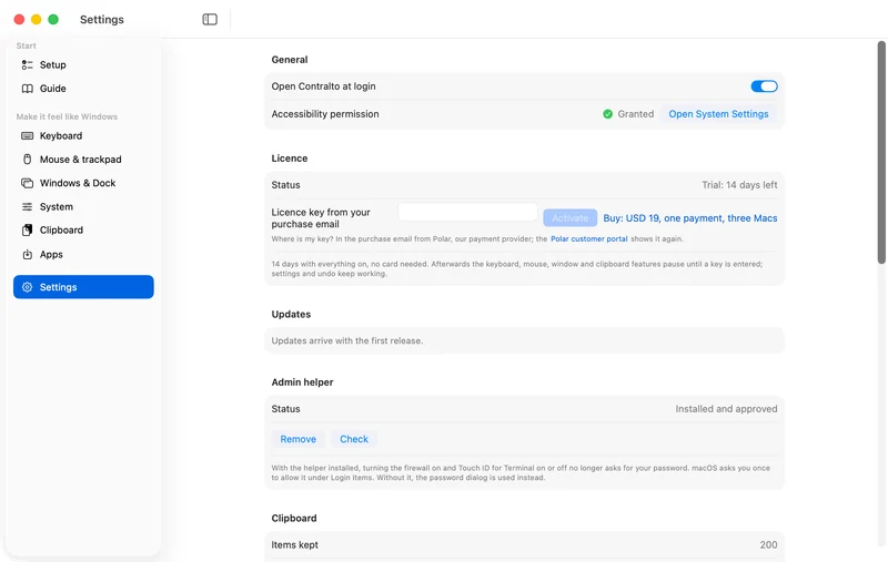 The Settings screen in light mode