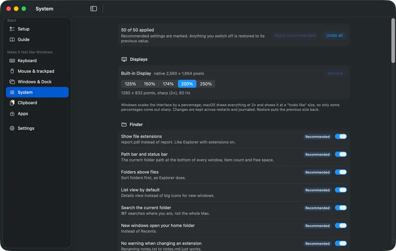 The System screen in dark mode